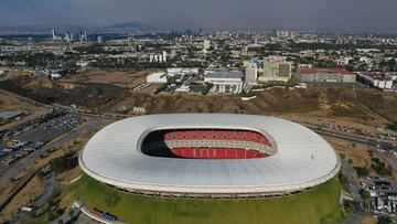 AME3791. GUADALAJARA (MÉXICO), 22/04/2023.- Fotografía aérea que muestra el Estadio Akron hoy, durante un partido entre Guadalajara y Cruz Azul por la jornada 16 del torneo clausura 2023 de la liga de fútbol mexicano, disputado en el Estadio Akron, en Guadalajara, Jalisco (México). EFE/ Francisco Guasco
