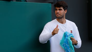Tennis - Wimbledon - All England Lawn Tennis and Croquet Club, London, Britain - July 8, 2025 Spain's Carlos Alcaraz reacts after winning his quarter final match against Britain's Cameron Norrie REUTERS/Andrew Couldridge