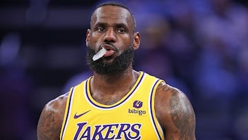 MEMPHIS, TENNESSEE - APRIL 12: LeBron James #23 of the Los Angeles Lakers looks on during the first half against the Memphis Grizzlies at FedExForum on April 12, 2024 in Memphis, Tennessee. NOTE TO USER: User expressly acknowledges and agrees that, by downloading and or using this photograph, User is consenting to the terms and conditions of the Getty Images License Agreement.   Justin Ford/Getty Images/AFP (Photo by Justin Ford / GETTY IMAGES NORTH AMERICA / Getty Images via AFP)