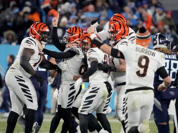 Cincinnati Bengals kicker Evan McPherson (2) celebrates with teammates after hitting the game-winning 52-yard field goal in the fourth quarter of this weekend's AFC divisional round clash with the Tennessee Titans.