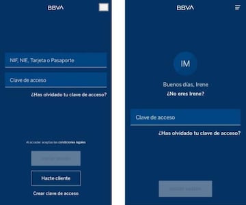 A la izquierda la pantalla falsa que imita la app del BBVA, a la derecha la correcta