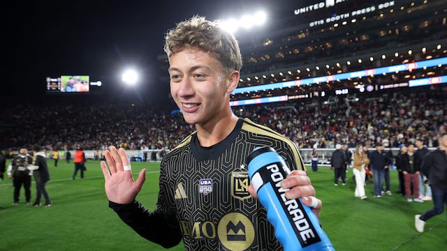 LOS ANGELES, CALIFORNIA - FEBRUARY 21: Nathan Ordaz #27 of Los Angeles FC celebrates after the MLS match between Los Angeles Football Club and Inter Miami CF at Los Angeles Memorial Coliseum on February 21, 2026 in Los Angeles, California. Kevork Djansezian/Getty Images/AFP (Photo by KEVORK DJANSEZIAN / GETTY IMAGES NORTH AMERICA / Getty Images via AFP)