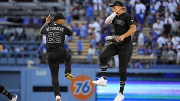 New York Yankees&#039; Gleyber Torres, left, celebrates with Aaron Judge after the Yankees defeated the Los Angeles Dodgers 5-1 in a baseball game, Sunday, Aug. 25, 2019, in Los Angeles. (AP Photo/Mark J. Terrill)