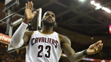 May 3, 2017; Cleveland, OH, USA; Cleveland Cavaliers forward LeBron James (23) reacts in the third quarter against the Toronto Raptors in game two of the second round of the 2017 NBA Playoffs at Quicken Loans Arena. Mandatory Credit: David Richard-USA TODAY Sports