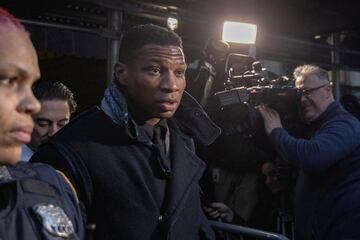 Actor Jonathan Majors outside the court after the jury found him guilty in his assault and harassment case at Manhattan Criminal Court in New York City.
