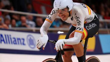 MUNICH, GERMANY - AUGUST 15: Sebastian Mora Vedri of Spain competes during the Men's Omnium Points Race 25km 4/4 on day 5 of the European Championships Munich 2022 at Messe Muenchen on August 15, 2022 in Munich, Germany. (Photo by Jan Hetfleisch/Getty Images)