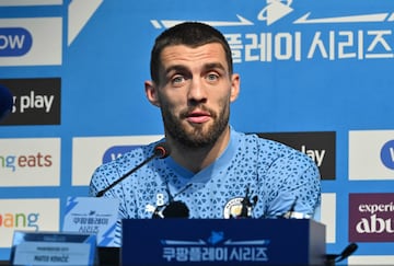 Manchester City's midfielder Mateo Kovacic speaks during a press conference in Seoul on July 29, 2023.