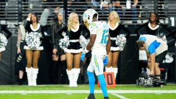 Dec 14, 2023; Paradise, Nevada, USA; Los Angeles Chargers wide receiver Derius Davis (12) reacts after a touchdown is called back in the fourth quarter against the Las Vegas Raiders at Allegiant Stadium. Mandatory Credit: Stephen R. Sylvanie-USA TODAY Sports