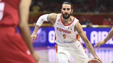 GUANGZHOU, CHINA - SEPTEMBER 04: Ricky Rubio #9 of Spain drives the ball during FIBA World Cup 2019 Group C match between Spain and Iran at Guangzhou Gymnasium on September 4, 2019 in Guangzhou, Guangdong Province of China. (Photo by VCG/VCG via Getty Ima