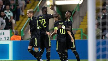 GLASGOW, SCOTLAND - SEPTEMBER 06: Real Madrids Vinicius Junior celebrates scoring to make it 1-0 during a UEFA Champions League match between Celtic and Real Madrid at Celtic Park, on September 06, 2022, in Glasgow, Scotland. (Photo by Alan Harvey/SNS Group via Getty Images)
