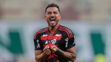 AMDEP9801. LIMA (PERÚ), 29/11/2025.- Danilo da Silva de Flamengo celebra su gol este sábado, en la final de la Copa Libertadores entre Palmeiras y Flamengo en el estadio Monumental U, en Lima (Perú). EFE/ José Jácome