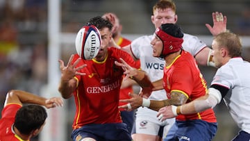 CHARLOTTE, NORTH CAROLINA - JULY 12: Matheo Triki #7 of Spain eyes the ball against USA Men's Eagles during a 2025 USA Rugby Match Series test at American Legion Memorial Stadium on July 12, 2025 in Charlotte, North Carolina. Grant Halverson/Getty Images/AFP (Photo by GRANT HALVERSON / GETTY IMAGES NORTH AMERICA / Getty Images via AFP)