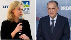 Nathalie Boy de la Tour, presidenta de la LFP francesa, y Javier Tebas, presidente de LaLiga espa&ntilde;ola.