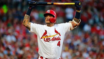 ST LOUIS, MO - MAY 24: Yadier Molina #4 of the St. Louis Cardinals reacts after striking out against the Atlanta Braves in the first inning at Busch Stadium on May 24, 2019 in St Louis, Missouri.   Dilip Vishwanat/Getty Images/AFP
 == FOR NEWSPAPERS, INTERNET, TELCOS &amp; TELEVISION USE ONLY ==