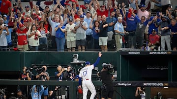 Oct 10, 2023; Arlington, Texas, USA; Texas Rangers starting pitcher Nathan Eovaldi (17) walks to the dugout after being relieved in the seventh inning against the Baltimore Orioles during game three of the ALDS for the 2023 MLB playoffs at Globe Life Field. Mandatory Credit: Jerome Miron-USA TODAY Sports