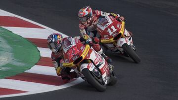 MISANO ADRIATICO, ITALY - OCTOBER 22:  Fabio Di Giannantonio of Italy and Federal Oil Gresini Moto2 leads Niccolo Bulega of Italy and Federal Oil Gresini Moto2   during the MotoGP of Emilia Romagna - Free Practice at Misano World Circuit on October 22, 20