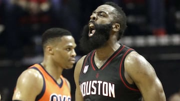 Houston Rockets&#039; James Harden (13) reacts after a Oklahoma City Thunder turnover as the Thunder&#039;s Russell Westbrook (0) walks down the court during the second half in Game 1 of an NBA basketball first-round playoff series, Sunday, April 16, 2017, in Houston. (AP Photo/David J. Phillip)