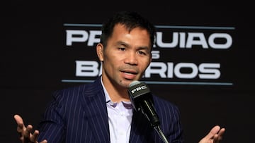 LAS VEGAS, NEVADA - JULY 16: Manny Pacquiao�speaks during a news conference at MGM Grand Hotel & Casino on July 16, 2025 in Las Vegas, Nevada. Pacquiao, who announced he was coming out of retirement nearly four years after his last fight,�is scheduled to challenge WBC welterweight champion Mario Barrios for his title on July 19 at MGM Grand Garden Arena. Ethan Miller/Getty Images/AFP (Photo by Ethan Miller / GETTY IMAGES NORTH AMERICA / Getty Images via AFP)