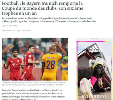 El diario francés resaltó el sextete conseguido este día por el Bayern Múnich al ganar el Mundial de Clubes