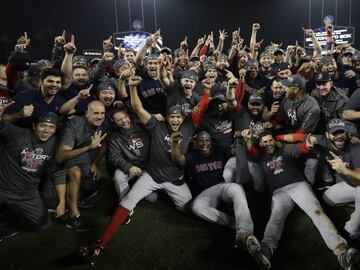 The Boston Red Sox celebrate after Game 5 of baseball&#039;s World Series against the Los Angeles Dodgers on Sunday, Oct. 28, 2018, in Los Angeles. The Red Sox won 5-1 to win the series 4 game to 1. (AP Photo/David J. Phillip)