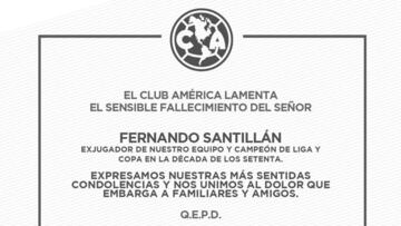 El Club América anunció el fallecimiento de Fernando Santillán
