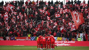 TORONTO, ON- MARCH 27  - Canada huddles before the game as Canada beats Jamaica in FIFA CONCACAF World Cup Qualifying 4-0 to Qualify for the World Cup in Qatar in BMO Field in Toronto. March 27, 2022.        (Steve Russell/Toronto Star via Getty Images)