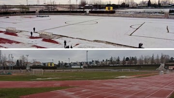 El antes y el despu&eacute;s de que la nevada de las pistas de Unionistas fuera retirada.