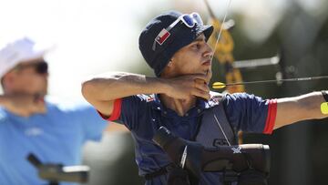 TOKYO, JAPAN - JULY 23: Andres Aguilar of Team Chile competes in the Men's Individual Ranking Round during the Tokyo 2020 Olympic Games at Yumenoshima Park Archery Field on July 23, 2021 in Tokyo, Japan. (Photo by Justin Setterfield/Getty Images)