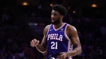 Joel Embiid of Philadelphia 76ers in action during NBA semifinals between Philadelphia 76ers and Miami Heat at the Wells Fargo Center in Philadelphia, Pennsylvania, United States on May 12, 2022.