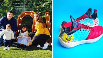 Im&aacute;genes de Felipe Reyes con su mujer y sus dos hijos y de las zapatillas dedicadas a sus hijos con Bob Esponja y Peppa Pig que llevar&aacute; en la final de la ACB entre el Real Madrid y el Kirolbet Baskonia.