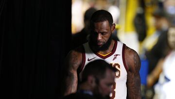 Jun 3, 2018; Oakland, CA, USA; Cleveland Cavaliers forward LeBron James (23) reacts following the 122-103 loss against the Golden State Warriors in game two of the 2018 NBA Finals at Oracle Arena. Mandatory Credit: Cary Edmondson-USA TODAY Sports