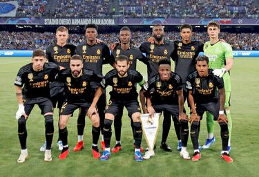 Once inicial del Real Madrid. Toni Kroos, Aurelien Tchouameni, Eduardo Camavinga, Toni Rüdiger, Jude Bellingham, Kepa Arrizabalaga, Federico Valverde, Dani Carvajal, Nacho Fernández, Vinicius y Rodrygo.