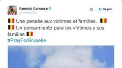 El futbolista blega del Atl&eacute;tico de Madrid Yannick Carrasco conden&oacute; en su cuenta de Twitter los atentados de Bruselas.