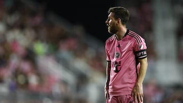 Nov 9, 2024; Fort Lauderdale, Florida, USA; Inter Miami FC forward Lionel Messi (10) on the pitch in the first half against the Atlanta United FC in a 2024 MLS Cup Playoffs Round One match at Chase Stadium. Mandatory Credit: Nathan Ray Seebeck-Imagn Images