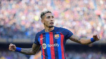 Barcelona's Brazilian forward Raphinha celebrates scoring his team's first goal during the Spanish League football match between FC Barcelona and Valencia CF at the Camp Nou stadium in Barcelona on March 5, 2023. (Photo by Josep LAGO / AFP)