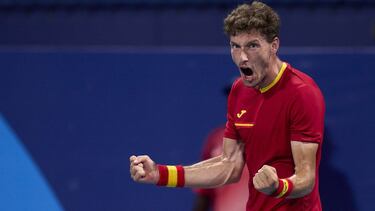 31-07-2021 El tenista español Pablo Carreño celebra un triunfo en los Juegos Olímpicos de Tokyo 2020.. El tenista español Pablo Carreño logró la medalla de bronce tras vencer al serbio Novak Djokovic, cabeza de serie número uno, en el partido por el ter