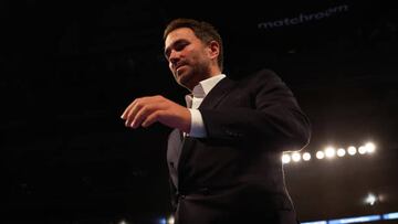 NOTTINGHAM, ENGLAND - SEPTEMBER 24: Eddie Hearn, Chairman of Matchroom Sport leaves the ring following the WBA and IBO World Super Welterweight title fight between Hannah Rankin and Terri Harper at Motorpoint Arena Nottingham on September 24, 2022 in Nottingham, England. (Photo by Nathan Stirk/Getty Images)