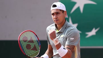 Chile's Alejandro Tabilo reacts after a point during his men's singles match against France's Arthur Cazaux on day 2 of the French Open tennis tournament at the Roland-Garros Complex in Paris on May 26, 2025. (Photo by Dimitar DILKOFF / AFP)