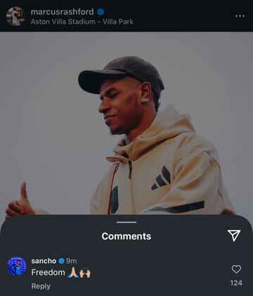 Comentario de Jadon Sancho, jugador del Chelsea, en una publicacin de Instagram de Marcus Rashford tras su debut con el Aston Villa.