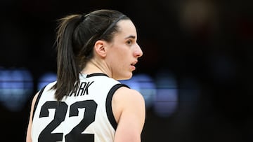 Apr 5, 2024; Cleveland, OH, USA; Iowa Hawkeyes guard Caitlin Clark (22) against the Connecticut Huskies in the semifinals of the Final Four of the womens 2024 NCAA Tournament at Rocket Mortgage FieldHouse. Mandatory Credit: Ken Blaze-USA TODAY Sports