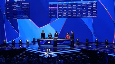 Soccer Football - UEFA Champions League Draw - Grimaldi Forum, Monaco - August 28, 2025 General view of former footballer Zlatan Ibrahimovic, former coach Claudio Ranieri and former player Kaka after Manchester City is drawn REUTERS/Stephane Mahe