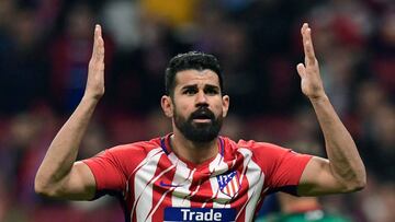 Atletico Madrid&#039;s Spanish forward Diego Costa reacts during the Europa League Round of 16 first leg football match between Club Atletico de Madrid and FC Lokomotiv Moscow at the Wanda Metropolitano stadium in Madrid on March 8, 2018. / AFP PHOTO / JA