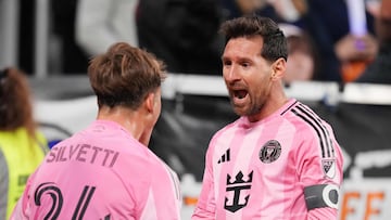 CINCINNATI, OHIO - NOVEMBER 23: Lionel Messi #10 of Inter Miami CF celebrates after scoring the team's first goal with teammate Mateo Silvetti #24 during the Conference Semifinal match between FC Cincinnati and Inter Miami FC as part of the 2025 MLS Cup Playoffs at TQL Stadium on November 23, 2025 in Cincinnati, Ohio. Jeff Dean/Getty Images/AFP (Photo by Jeff Dean / GETTY IMAGES NORTH AMERICA / Getty Images via AFP)
