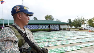 FILE PHOTO: A member of the Colombian navy stands guard along with 5.2 tons of cocaine that were seized in Turbo, Colombia March 6, 2018. Colombian Defense Ministry/Handout via REUTERS ATTENTION EDITORS - THIS IMAGE HAS BEEN SUPPLIED BY A THIRD PARTY/File Photo