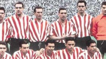<b>UNA ALINEACIÓN QUE HA PASADO A LA HISTORIA. </b>Así fomó el Athletic en el Bernabéu. Arriba, de izquierda a derecha: Carmelo, Orue, Garay, Canito, Mauri, Etura, Fernández y Baltasar Albeniz (entrenador). Agachados: Artetxe, Aguirre, Arieta, Uribe y Gainza.