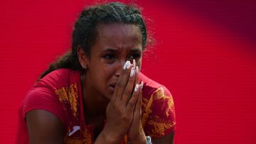 Tokyo 2020 Olympics - Athletics - Women's Javelin Throw - Heptathlon Javelin Throw - Olympic Stadium, Tokyo, Japan - August 5, 2021. Maria Vicente of Spain looks dejected after her throw REUTERS/Aleksandra Szmigiel