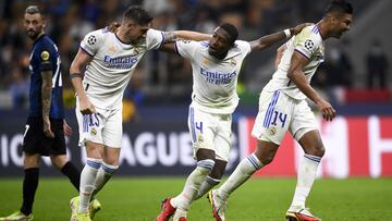 Federico Valverde (L), David Alaba (C) and Casemiro (Carlos Henrique Casimiro) of Real Madrid CF celebrate during the UEFA Champions League football match between FC Internazionale and Real Madrid CF. Real Madrid CF won 1-0 over FC Internazionale.