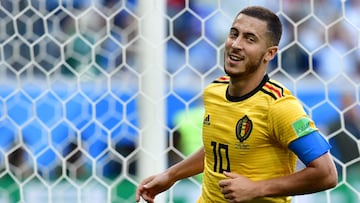 (FILES) A picture taken on July 14, 2018 at the Saint Petersburg Stadium in Saint Petersburg  during Russia 2018 World Cup play-off for third place football match between Belgium and England shows Belgium's forward Eden Hazard celebrating after scoring a goal. Belgian attacking midfielder Eden Hazard announced his retirement on October 10, 2023 after failing to find another club following his release by Real Madrid. (Photo by Giuseppe CACACE / AFP) / RESTRICTED TO EDITORIAL USE - NO MOBILE PUSH ALERTS/DOWNLOADS