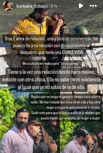 Bárbara Lobato publica en su Instagram un mensaje con el que destapa la "doble vida" de Coco Robatto.