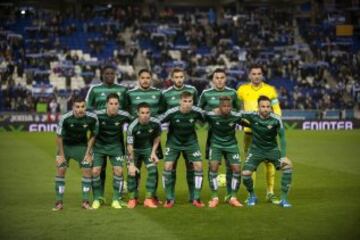 Partido Espanyol-Betis. Oncel del Betis. De pie: N'Diaye, Vargas, Pezzella, Bruno y Adán. Agachados: Ceballos, Cejudo, Rubén Castro, Fabián, Musonda y Molinero.